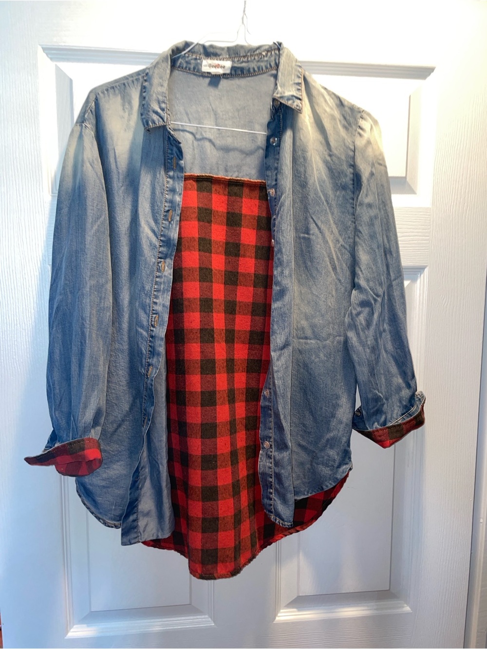 Red and Black plaid light denim